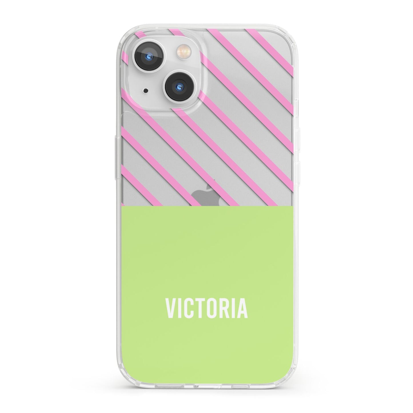 Personalised Pink Green Striped iPhone 13 Clear Bumper Case