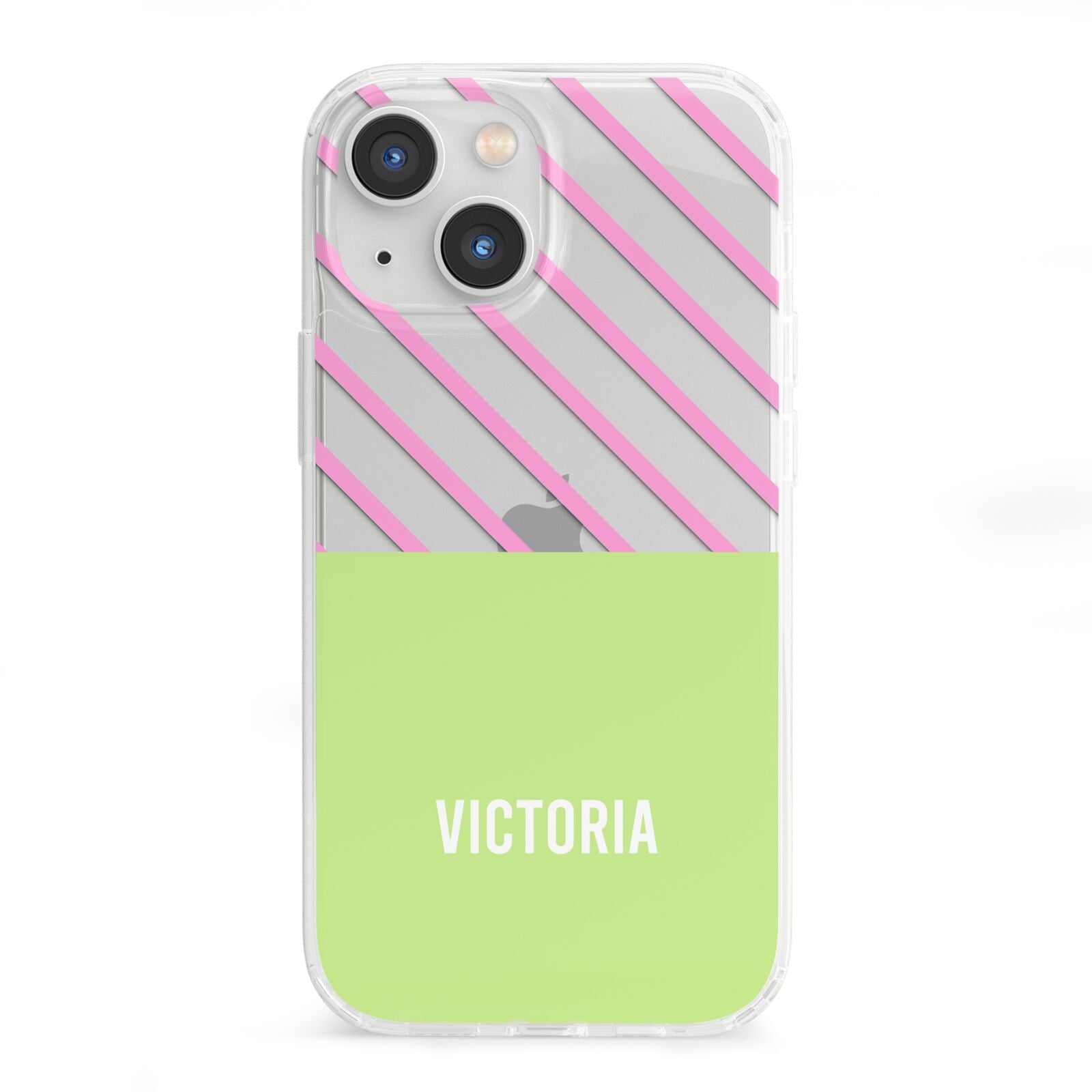 Personalised Pink Green Striped iPhone 13 Mini Clear Bumper Case