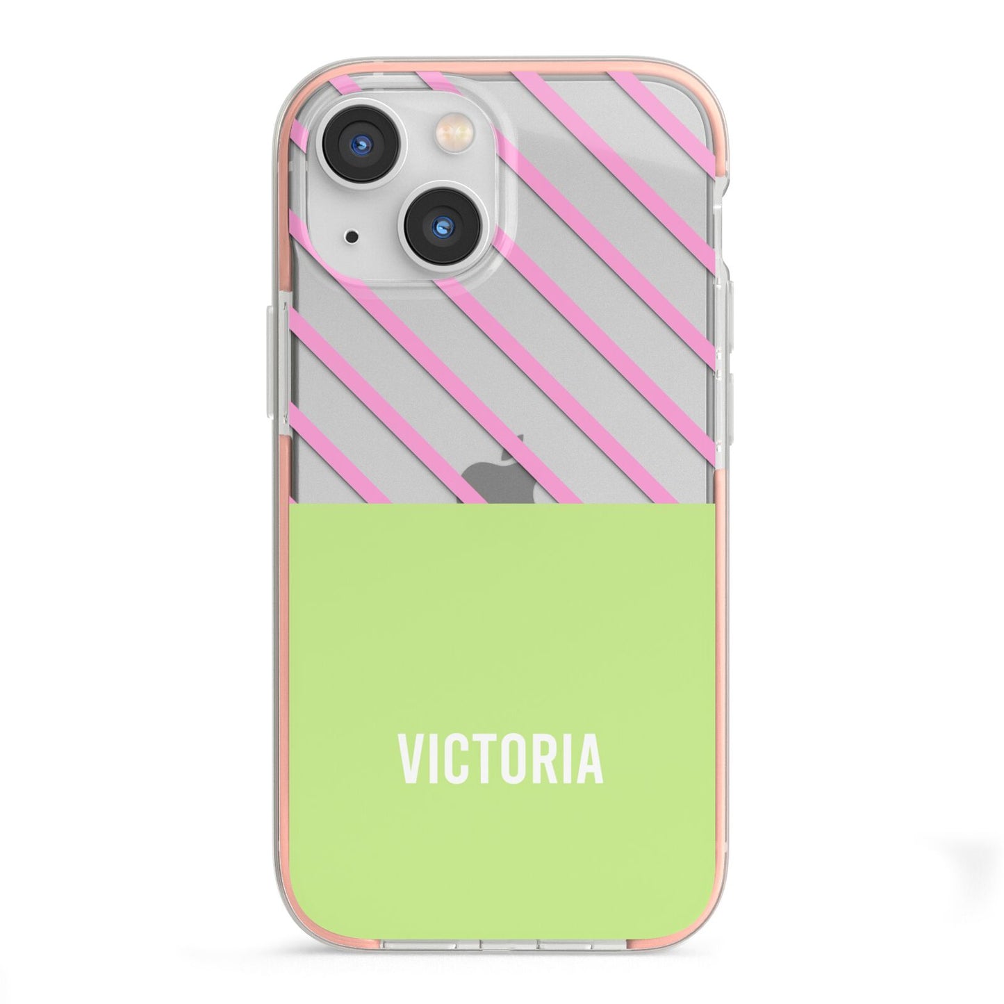Personalised Pink Green Striped iPhone 13 Mini TPU Impact Case with Pink Edges