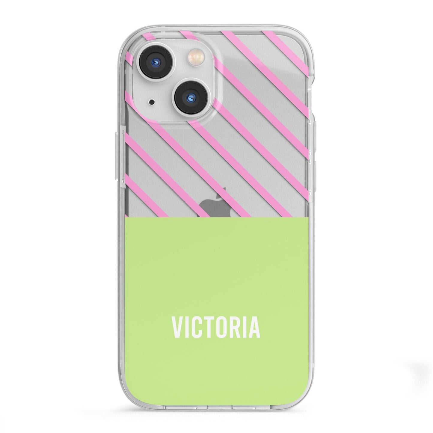 Personalised Pink Green Striped iPhone 13 Mini TPU Impact Case with White Edges