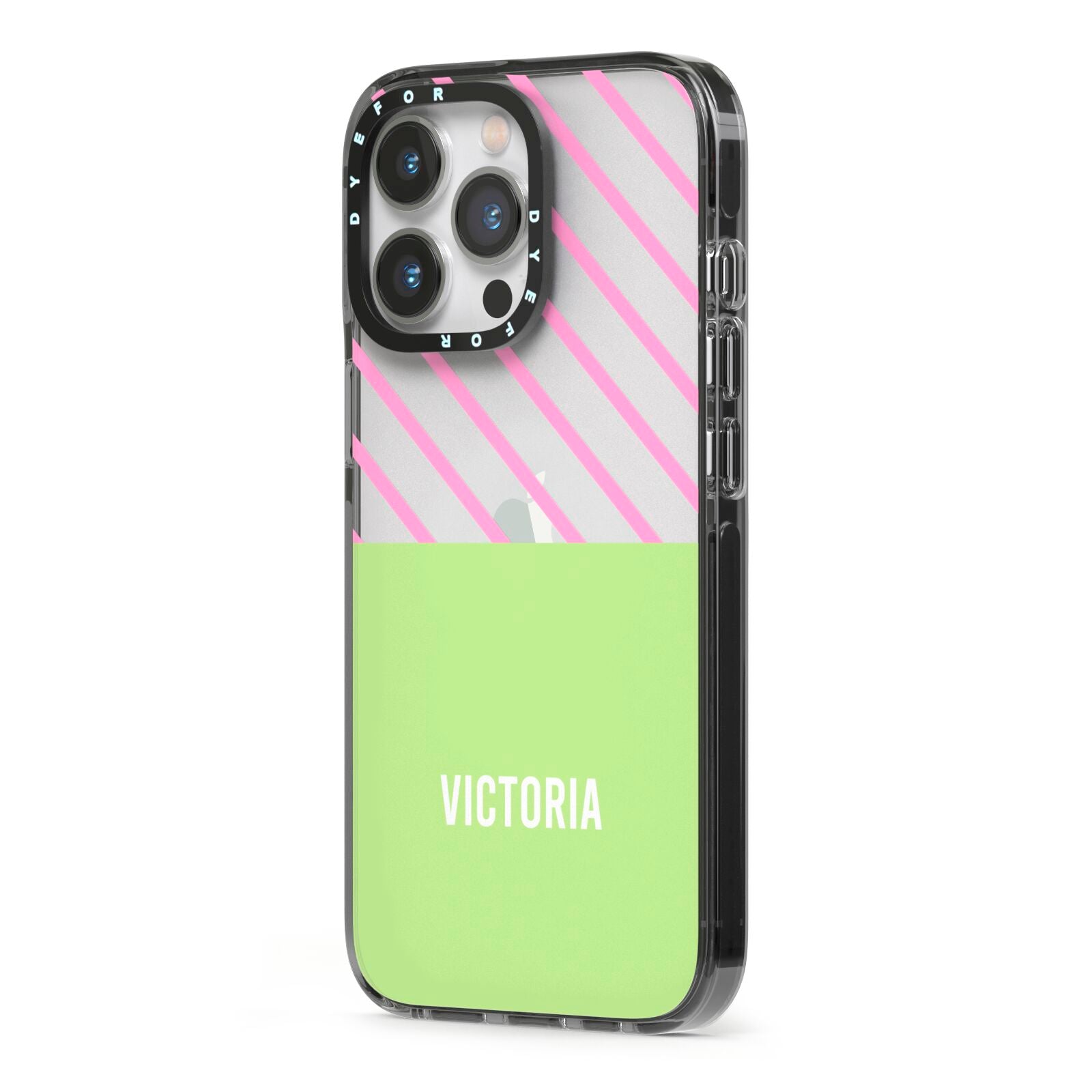 Personalised Pink Green Striped iPhone 13 Pro Black Impact Case Side Angle on Silver phone