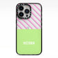 Personalised Pink Green Striped iPhone 13 Pro Black Impact Case on Silver phone