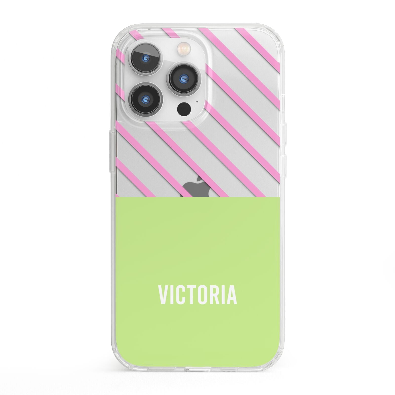 Personalised Pink Green Striped iPhone 13 Pro Clear Bumper Case