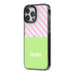 Personalised Pink Green Striped iPhone 13 Pro Max Black Impact Case Side Angle on Silver phone