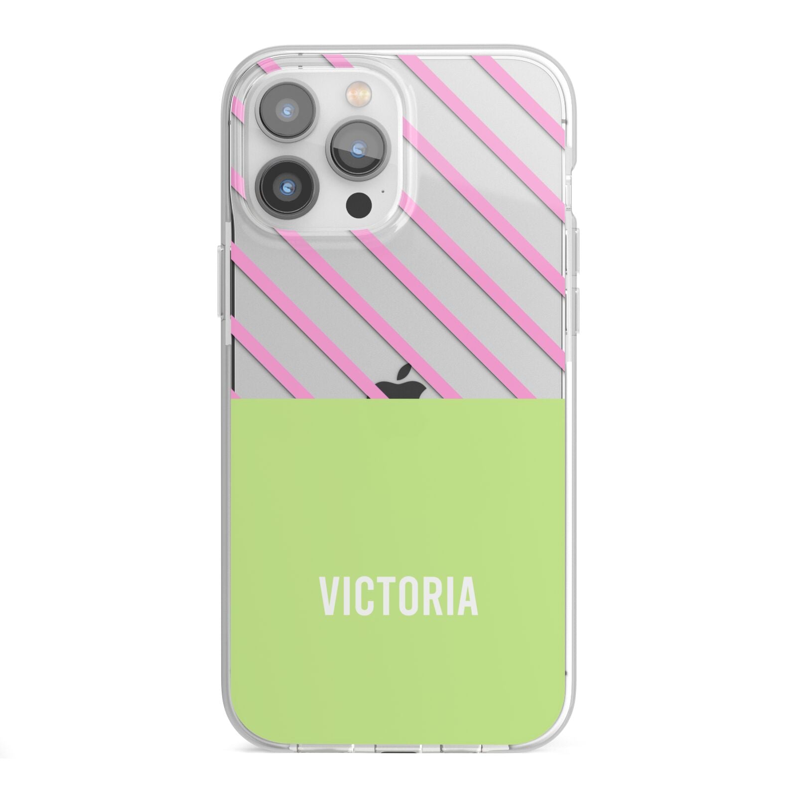Personalised Pink Green Striped iPhone 13 Pro Max TPU Impact Case with White Edges