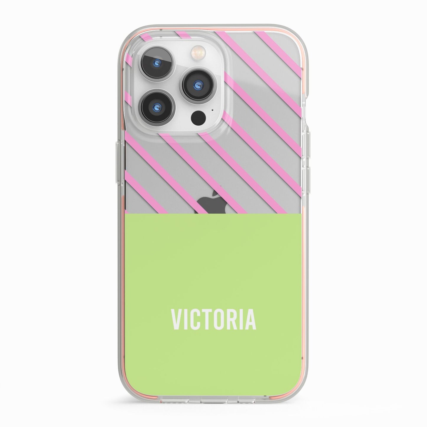 Personalised Pink Green Striped iPhone 13 Pro TPU Impact Case with Pink Edges
