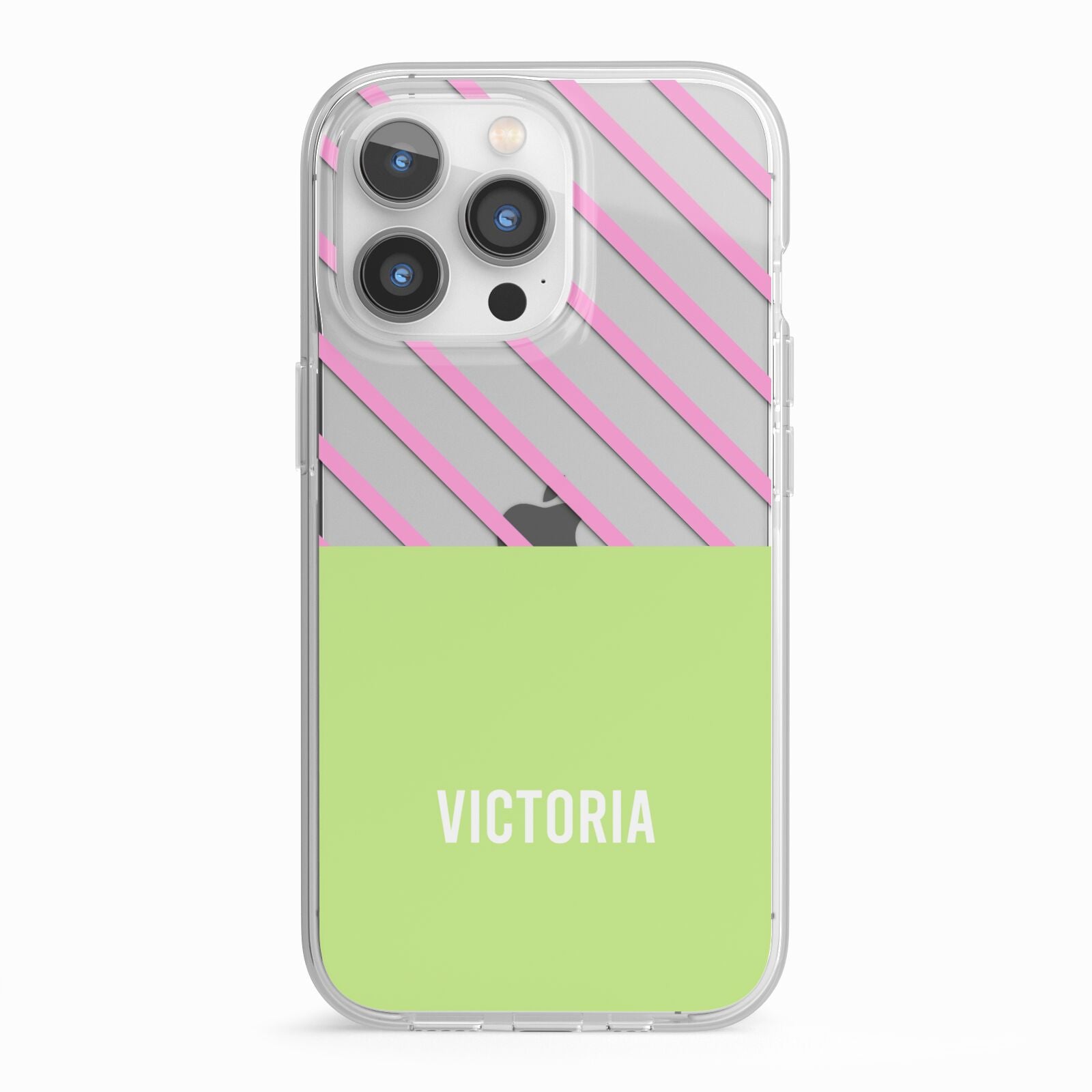 Personalised Pink Green Striped iPhone 13 Pro TPU Impact Case with White Edges