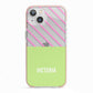 Personalised Pink Green Striped iPhone 13 TPU Impact Case with Pink Edges