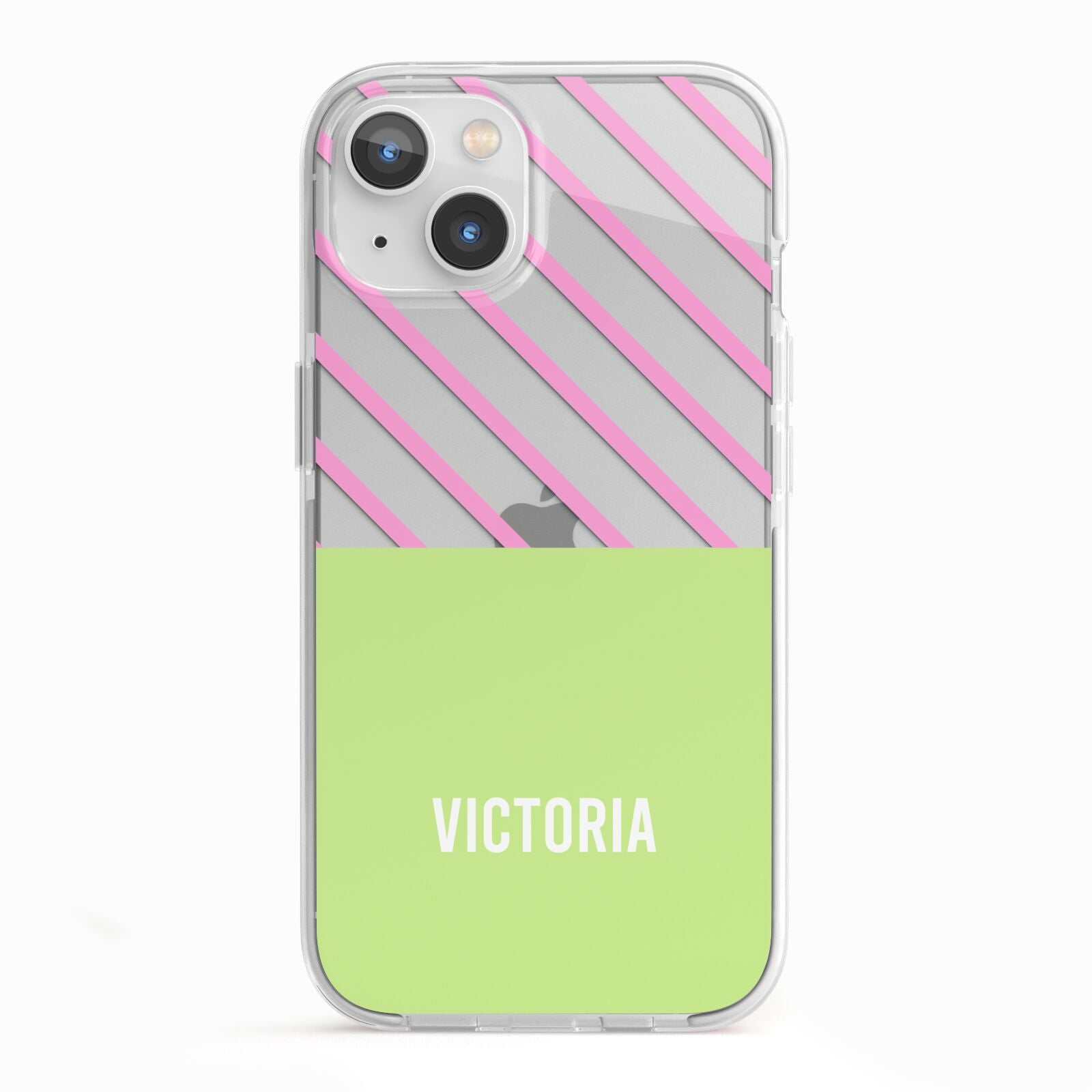 Personalised Pink Green Striped iPhone 13 TPU Impact Case with White Edges