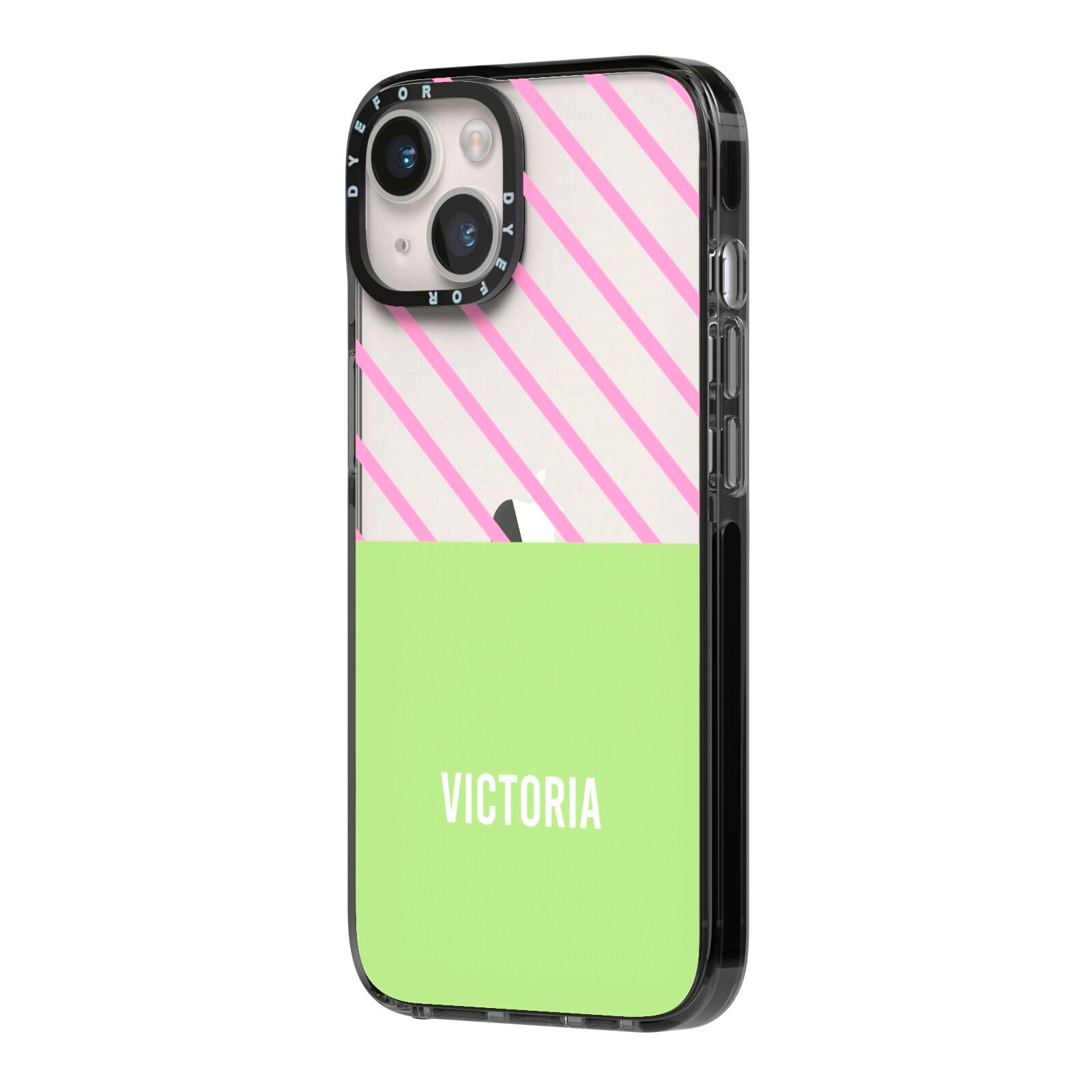 Personalised Pink Green Striped iPhone 14 Black Impact Case Side Angle on Silver phone