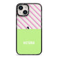 Personalised Pink Green Striped iPhone 14 Black Impact Case on Silver phone
