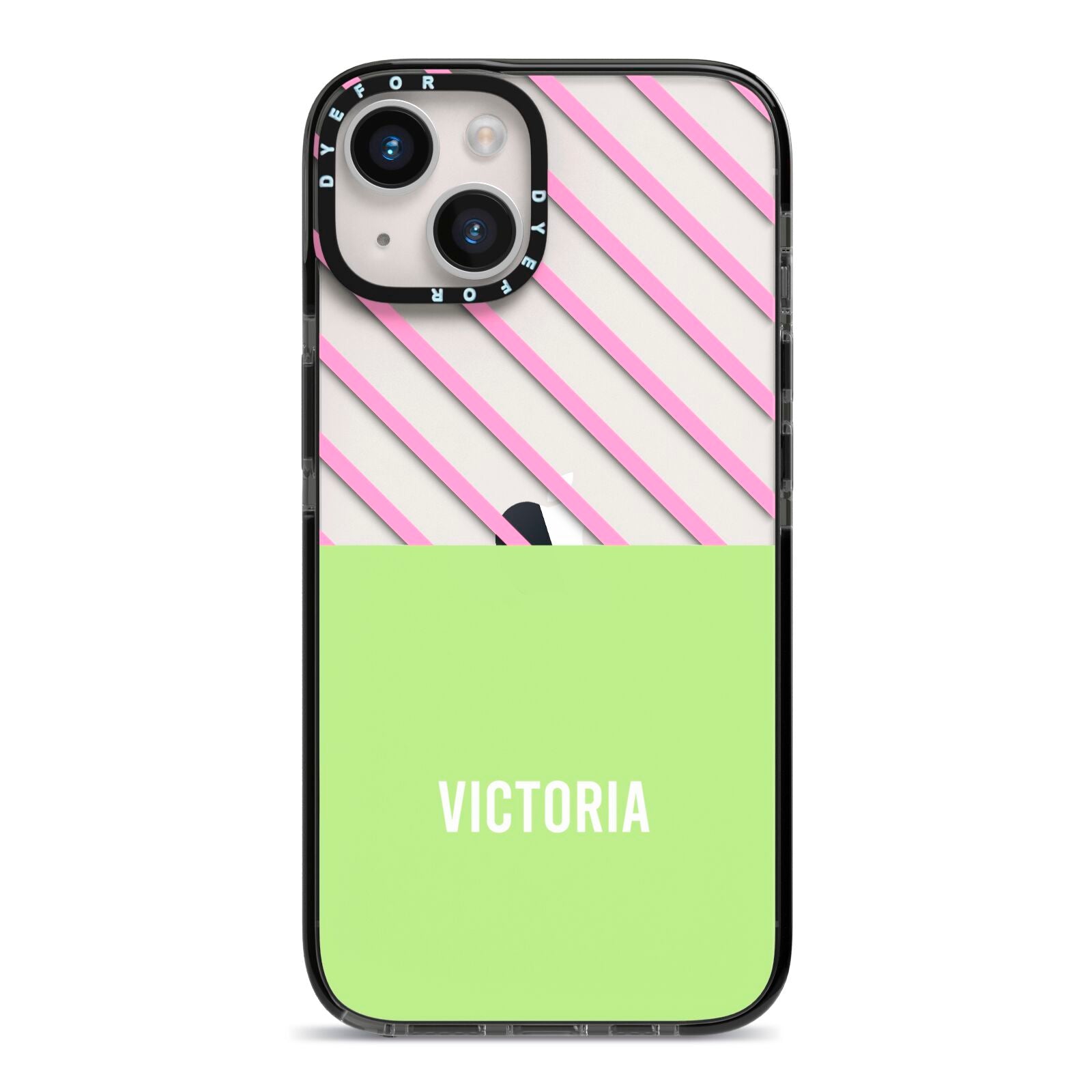Personalised Pink Green Striped iPhone 14 Black Impact Case on Silver phone