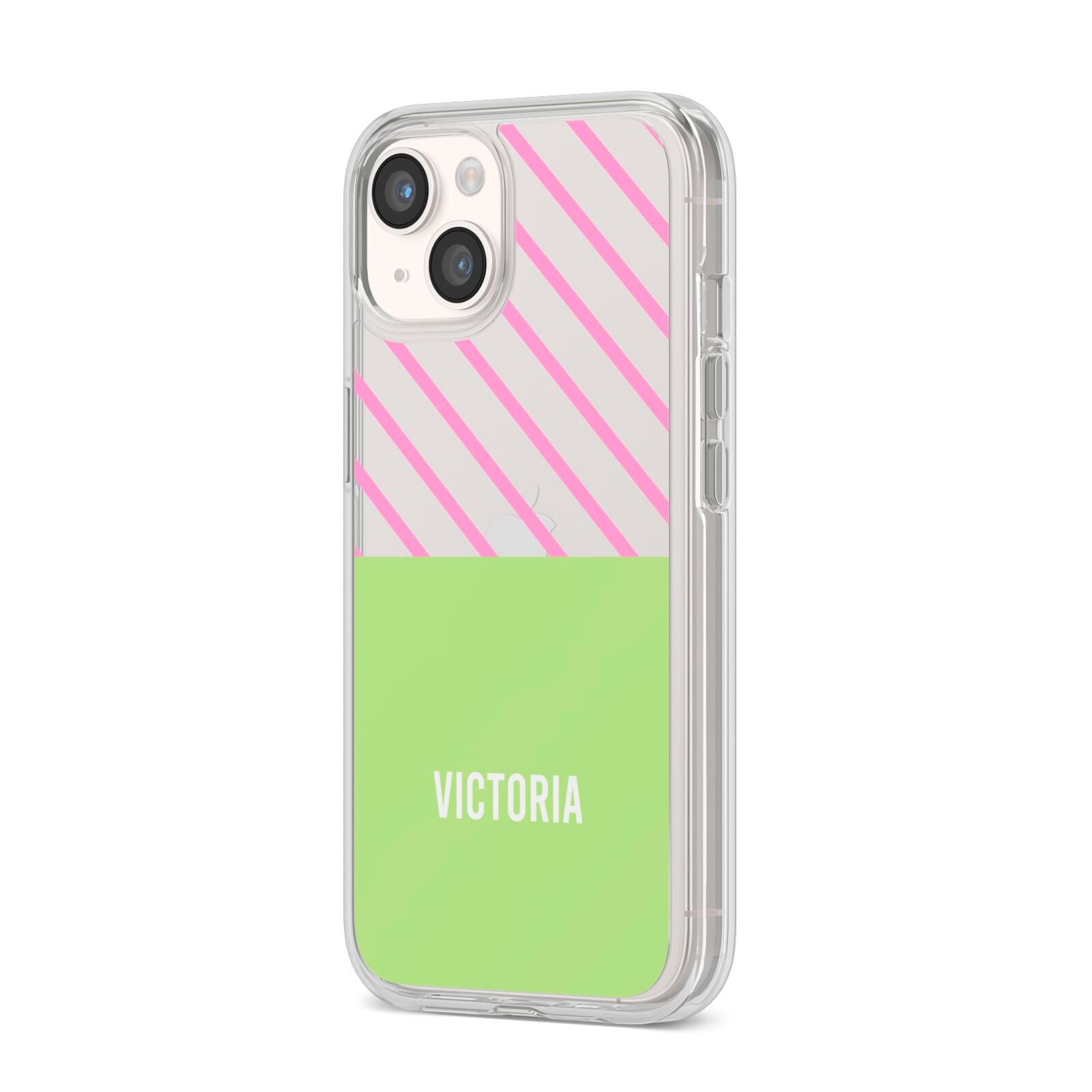 Personalised Pink Green Striped iPhone 14 Clear Tough Case Starlight Angled Image