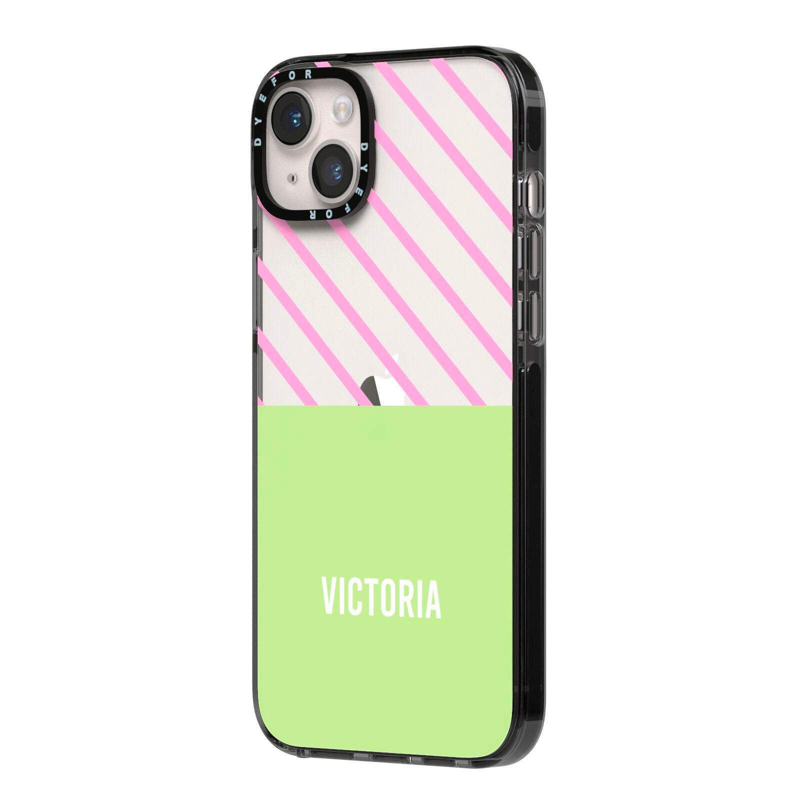 Personalised Pink Green Striped iPhone 14 Plus Black Impact Case Side Angle on Silver phone
