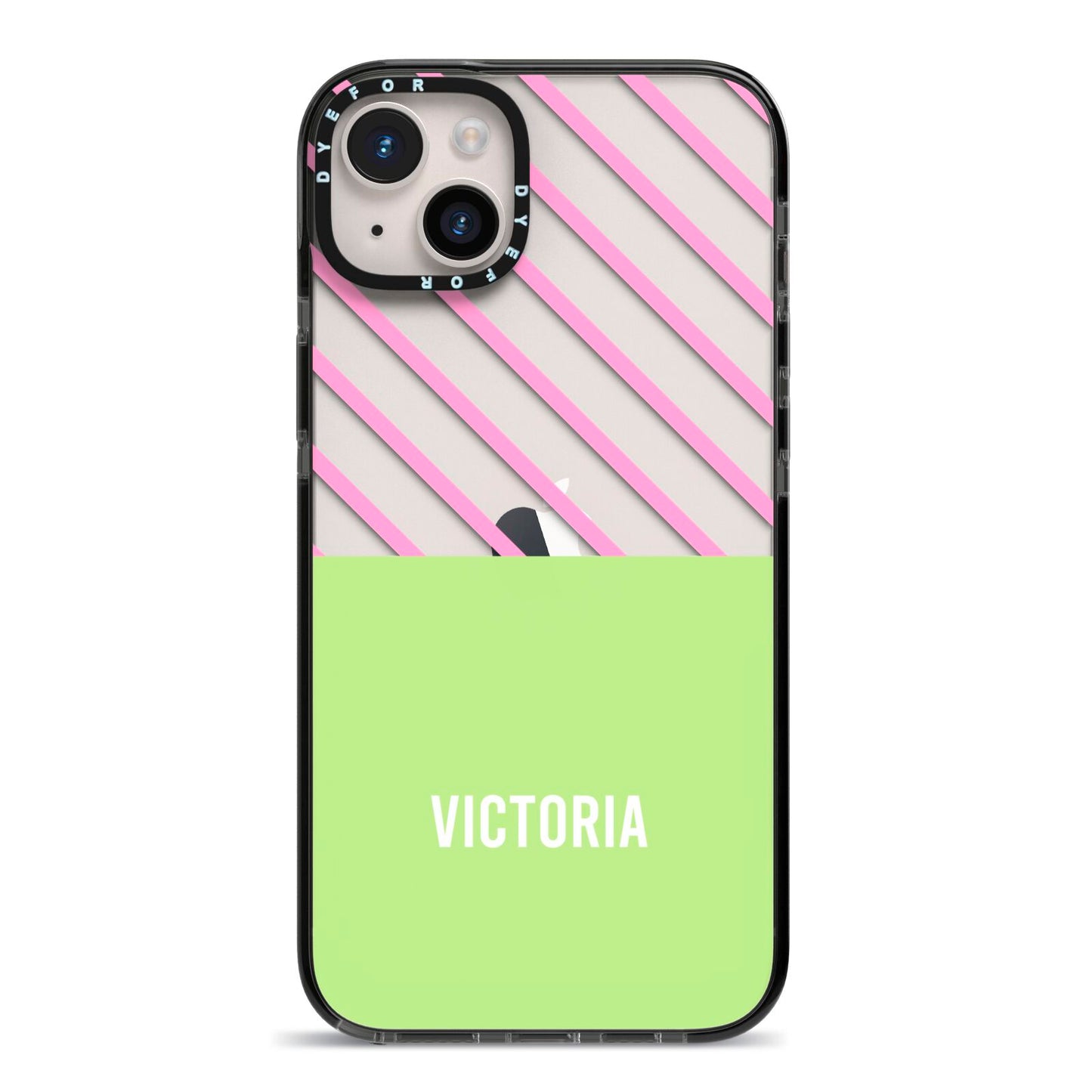 Personalised Pink Green Striped iPhone 14 Plus Black Impact Case on Silver phone