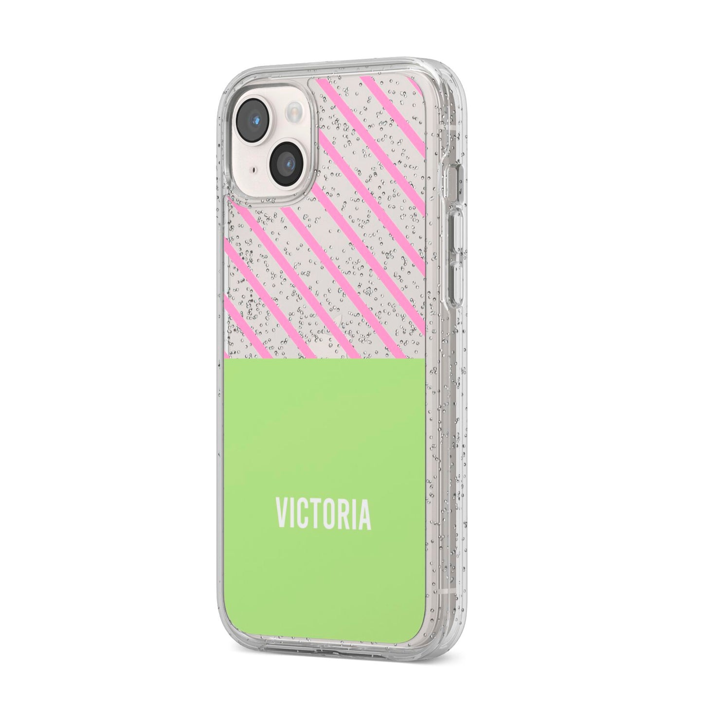 Personalised Pink Green Striped iPhone 14 Plus Glitter Tough Case Starlight Angled Image