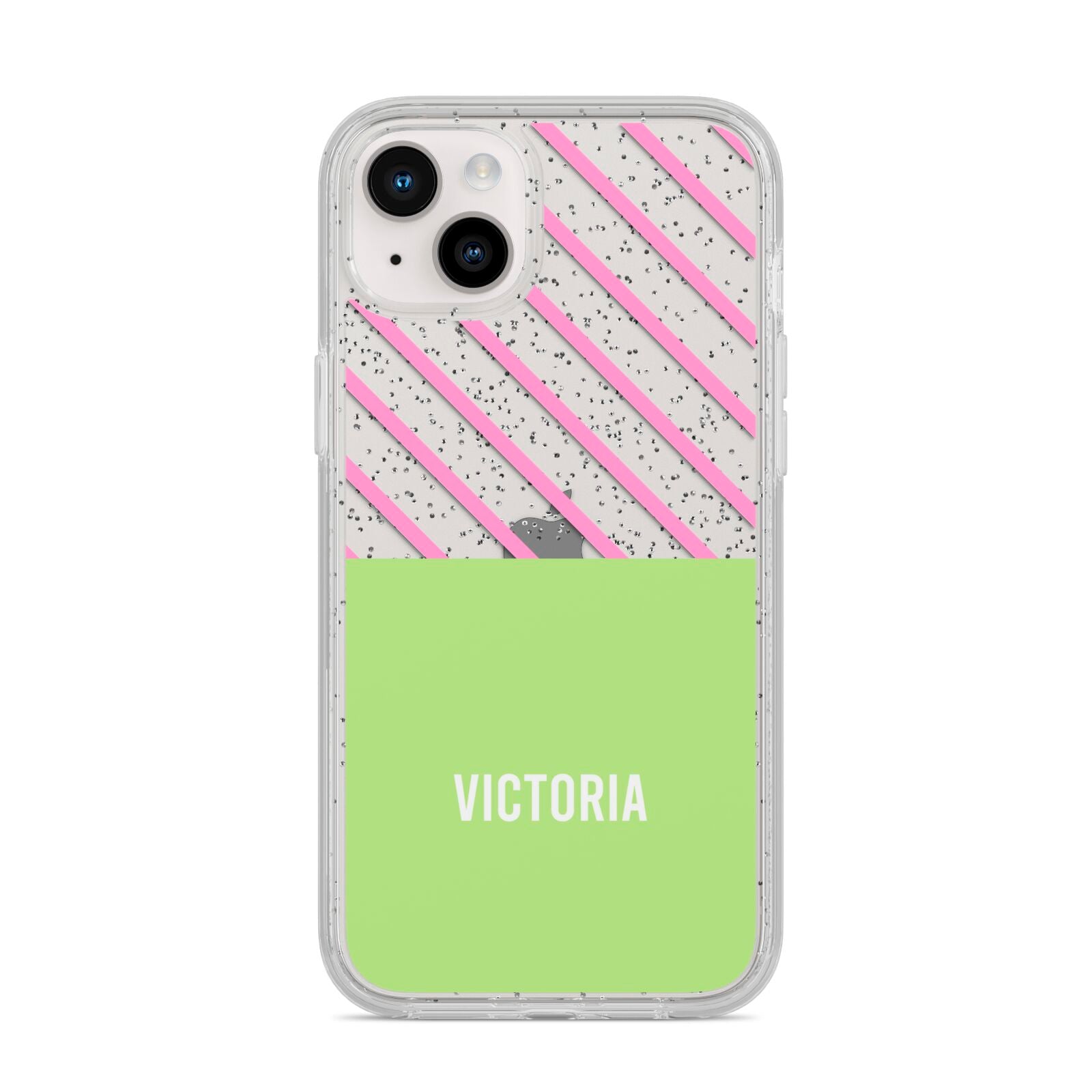Personalised Pink Green Striped iPhone 14 Plus Glitter Tough Case Starlight