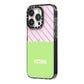 Personalised Pink Green Striped iPhone 14 Pro Black Impact Case Side Angle on Silver phone