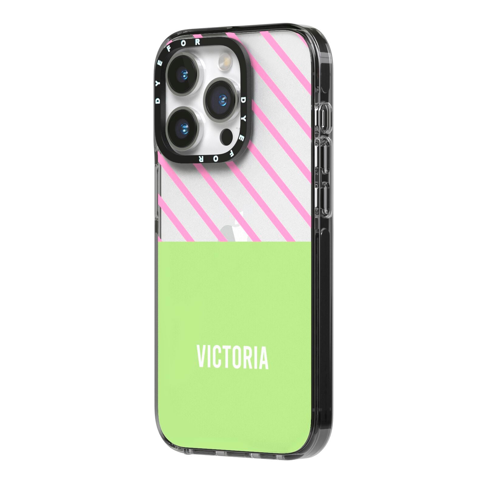 Personalised Pink Green Striped iPhone 14 Pro Black Impact Case Side Angle on Silver phone