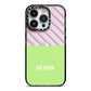 Personalised Pink Green Striped iPhone 14 Pro Black Impact Case on Silver phone