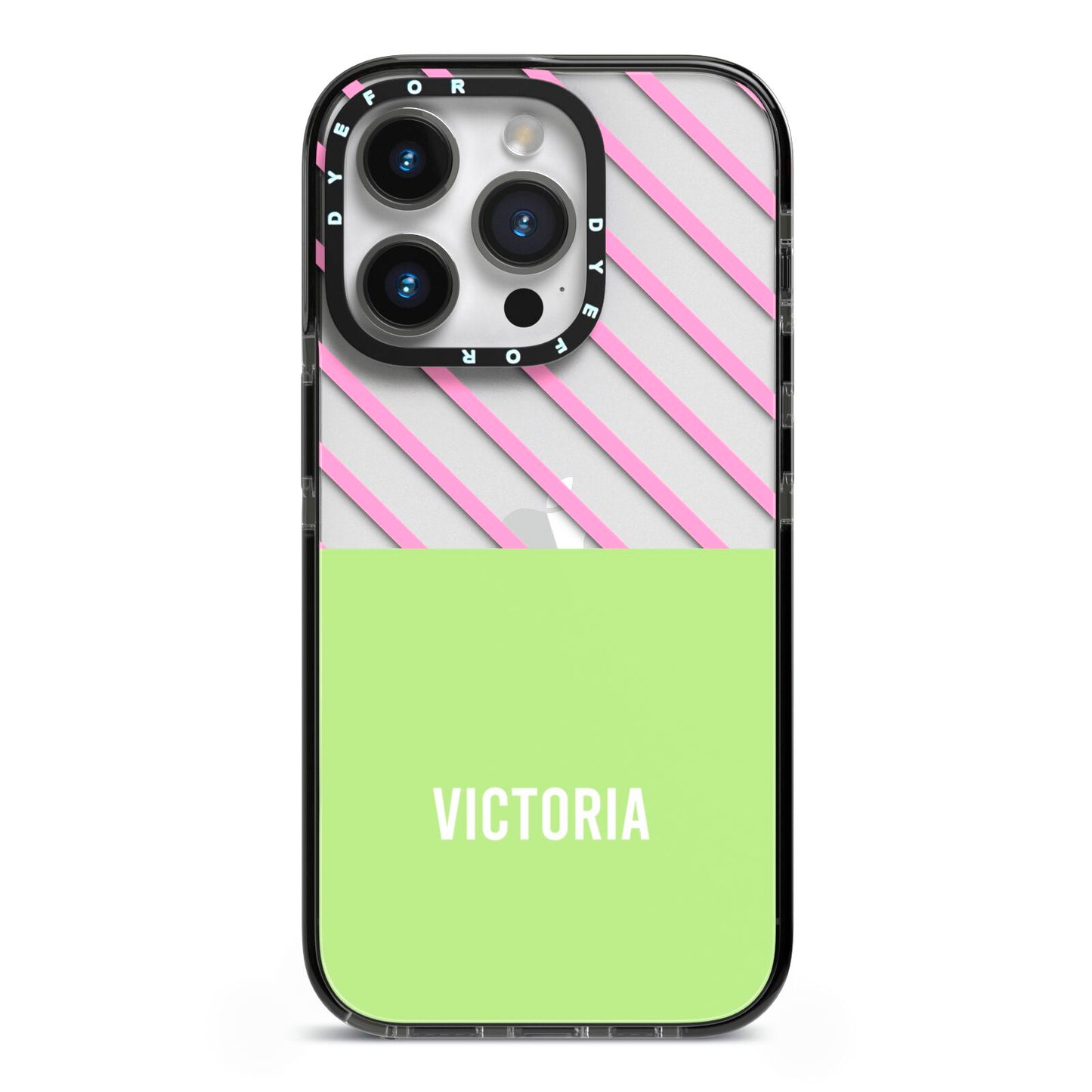 Personalised Pink Green Striped iPhone 14 Pro Black Impact Case on Silver phone