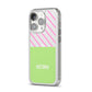 Personalised Pink Green Striped iPhone 14 Pro Clear Tough Case Silver Angled Image