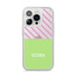 Personalised Pink Green Striped iPhone 14 Pro Clear Tough Case Silver