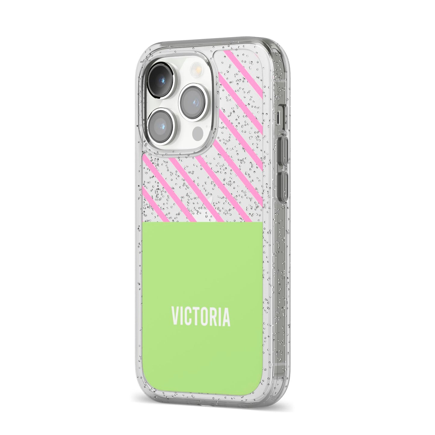 Personalised Pink Green Striped iPhone 14 Pro Glitter Tough Case Silver Angled Image