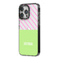 Personalised Pink Green Striped iPhone 14 Pro Max Black Impact Case Side Angle on Silver phone