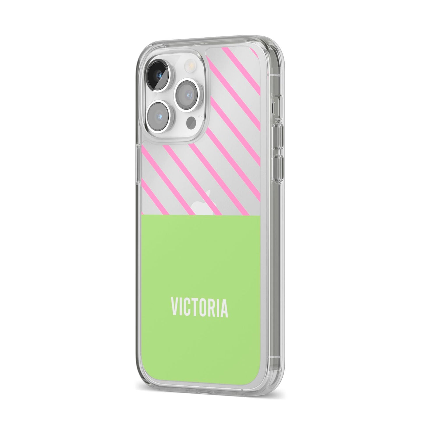Personalised Pink Green Striped iPhone 14 Pro Max Clear Tough Case Silver Angled Image