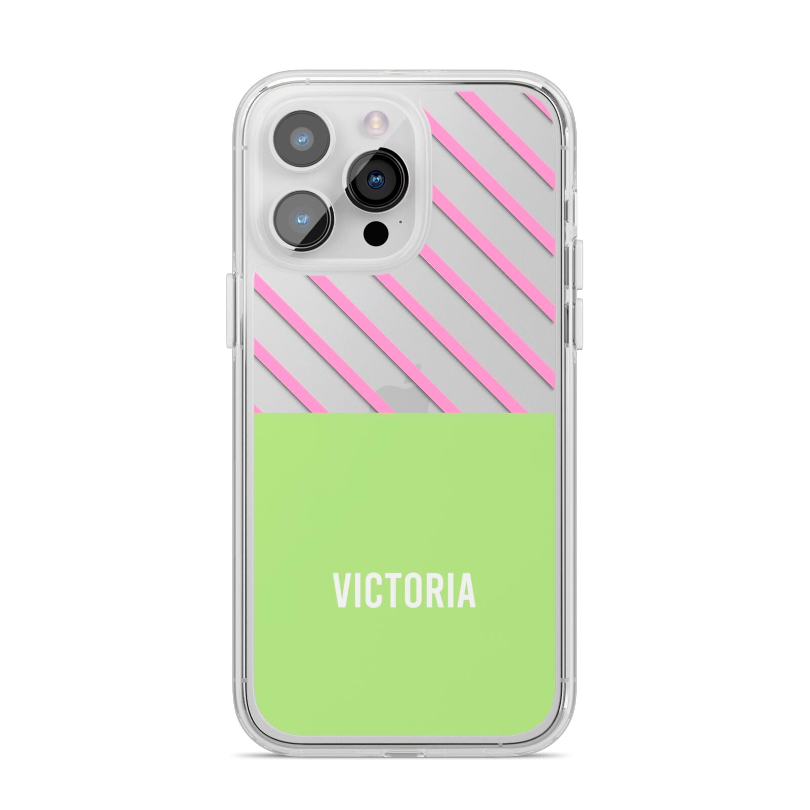 Personalised Pink Green Striped iPhone 14 Pro Max Clear Tough Case Silver