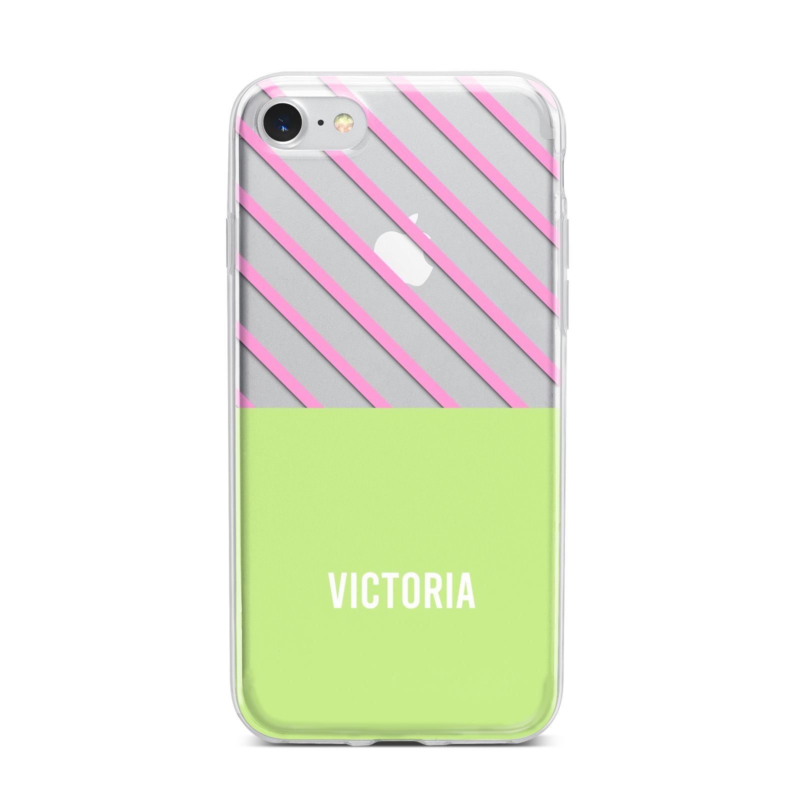 Personalised Pink Green Striped iPhone 7 Bumper Case on Silver iPhone