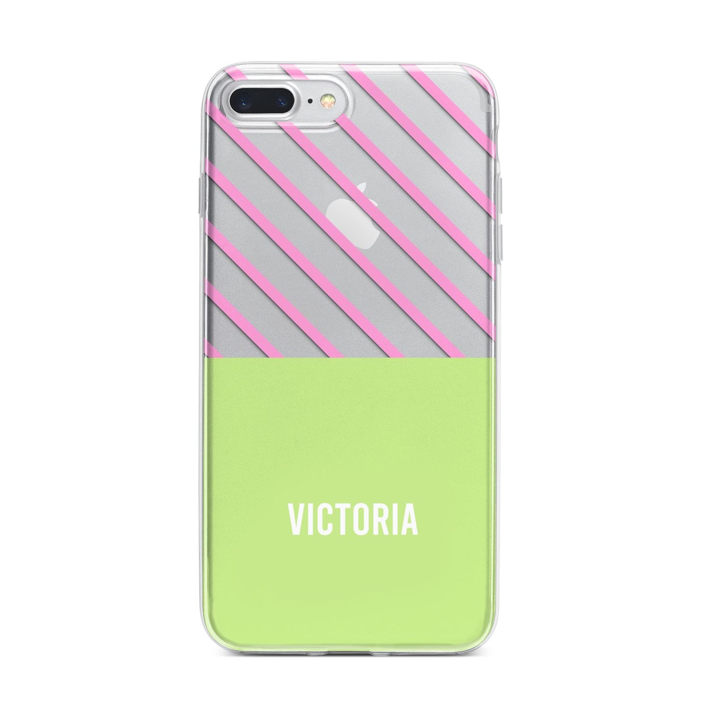 Personalised Pink Green Striped iPhone 7 Plus Bumper Case on Silver iPhone