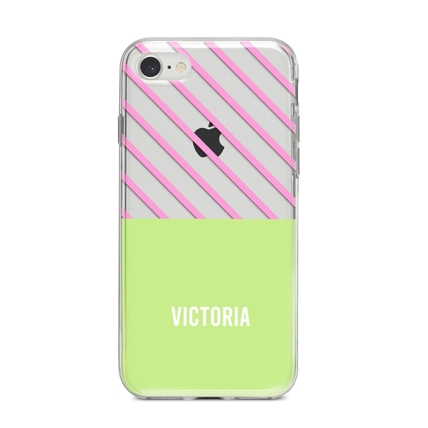 Personalised Pink Green Striped iPhone 8 Bumper Case on Silver iPhone