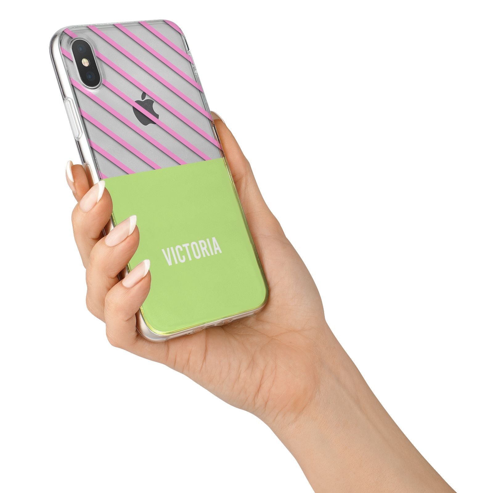 Personalised Pink Green Striped iPhone X Bumper Case on Silver iPhone Alternative Image 2
