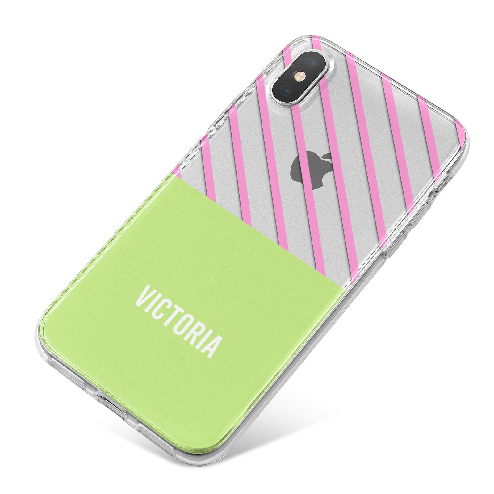 Personalised Pink Green Striped iPhone X Bumper Case on Silver iPhone