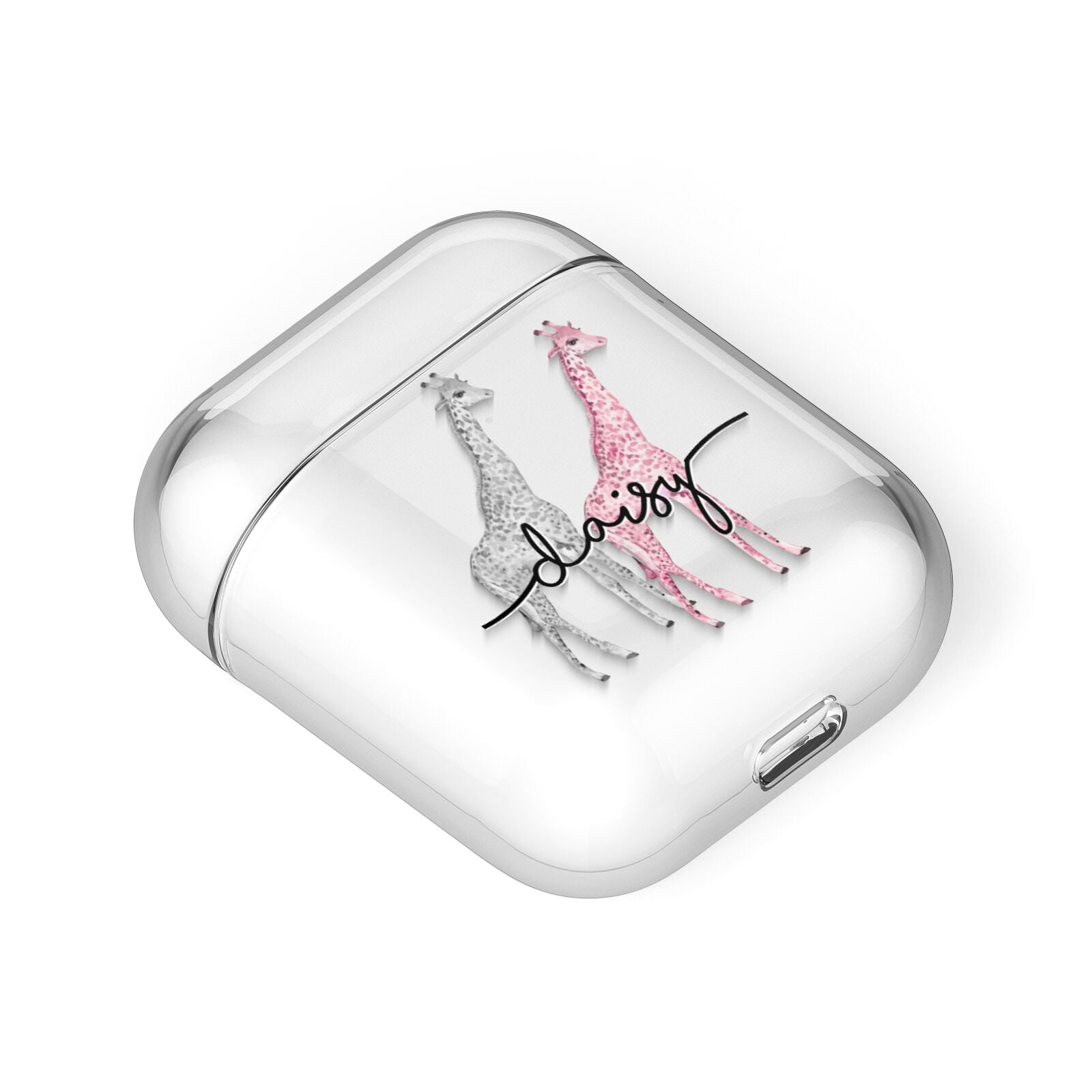 Personalised Pink Grey Giraffes AirPods Case Laid Flat