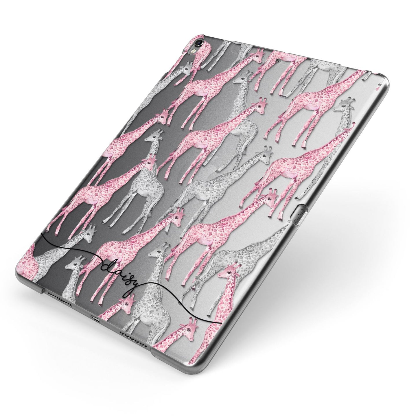 Personalised Pink Grey Giraffes Apple iPad Case on Grey iPad Side View