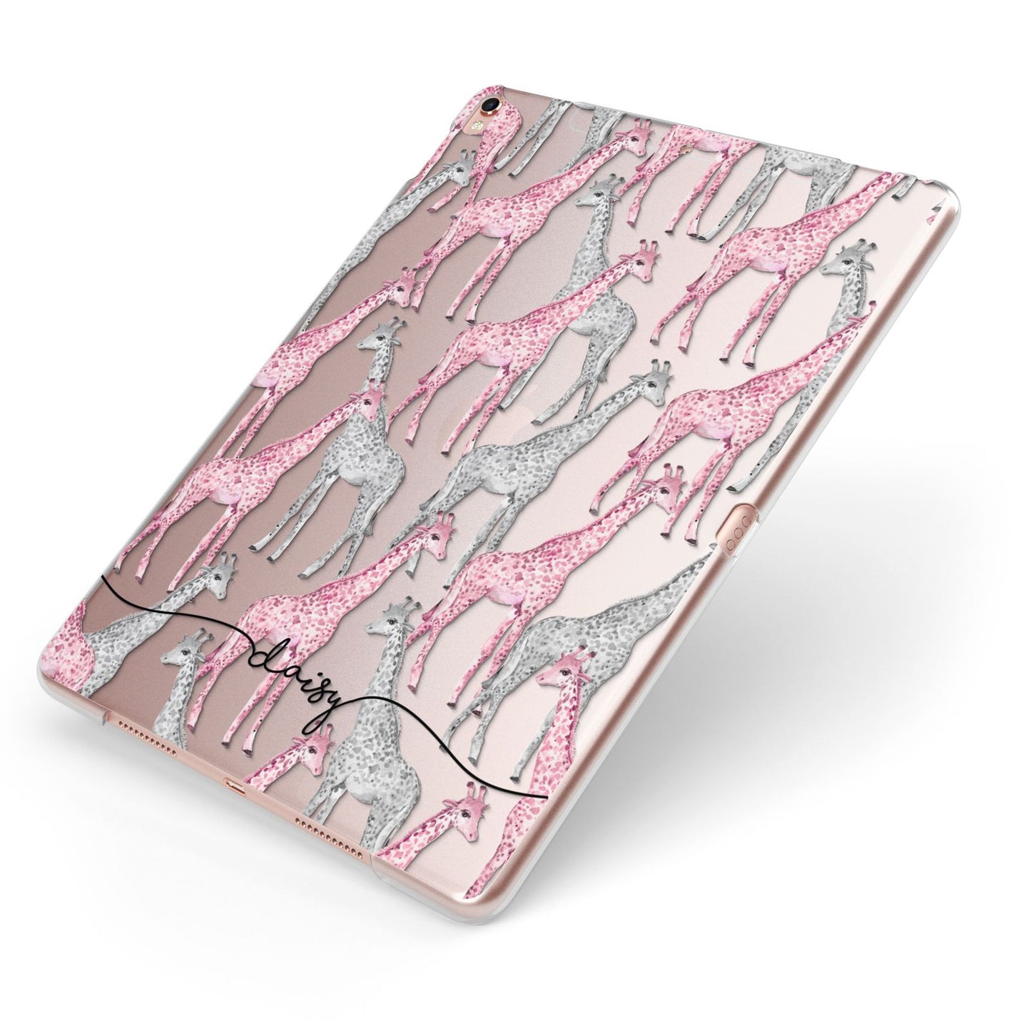 Personalised Pink Grey Giraffes Apple iPad Case on Rose Gold iPad Side View