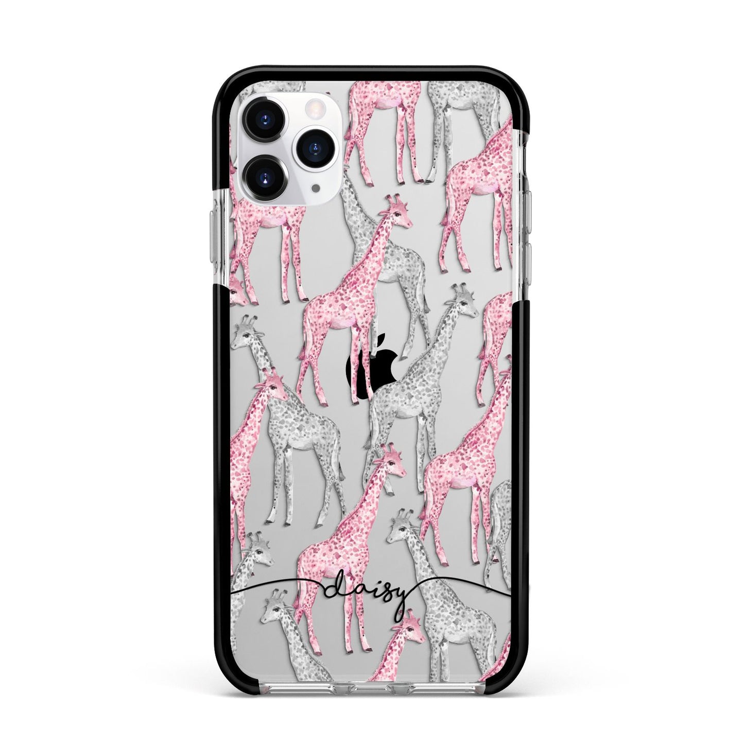 Personalised Pink Grey Giraffes Apple iPhone 11 Pro Max in Silver with Black Impact Case