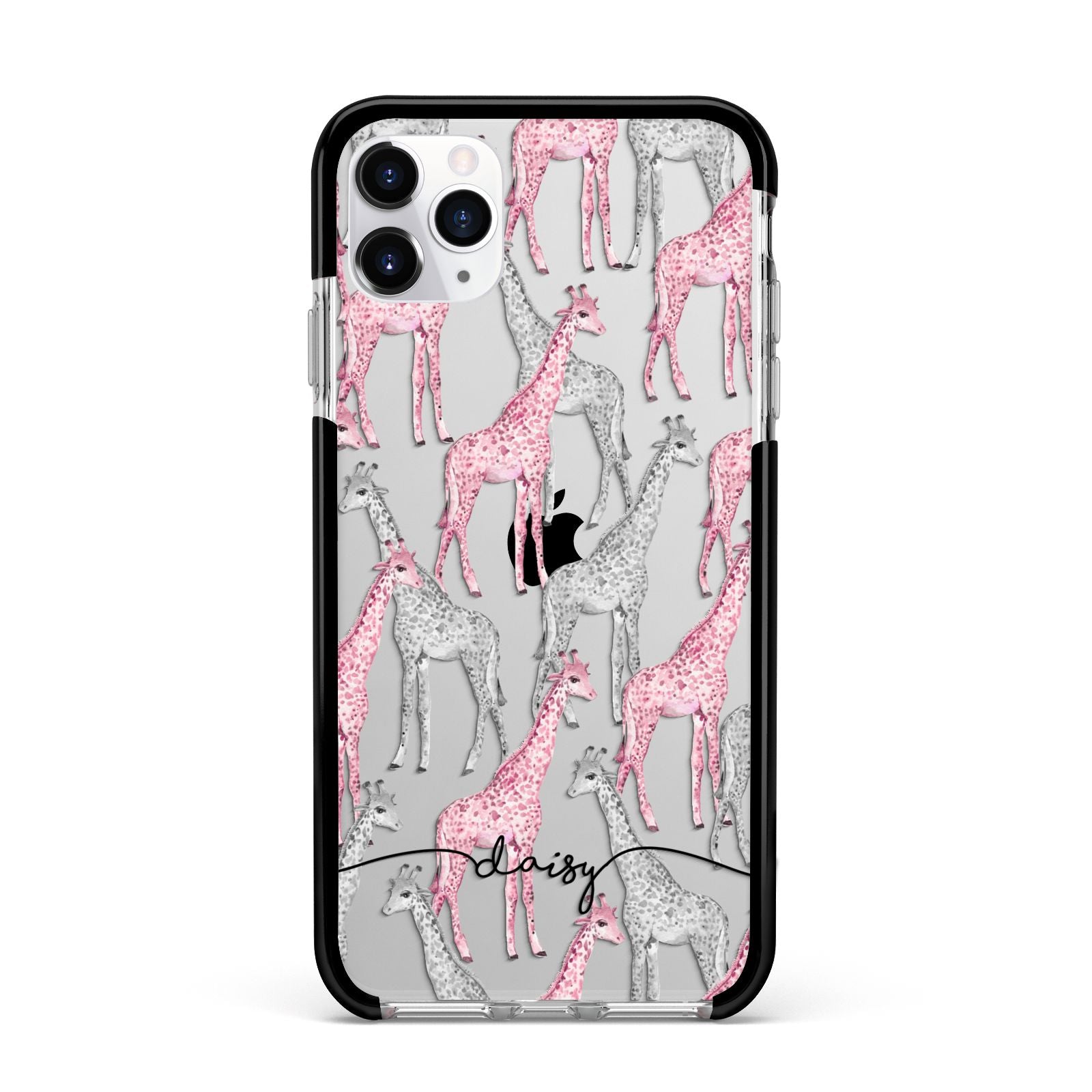 Personalised Pink Grey Giraffes Apple iPhone 11 Pro Max in Silver with Black Impact Case