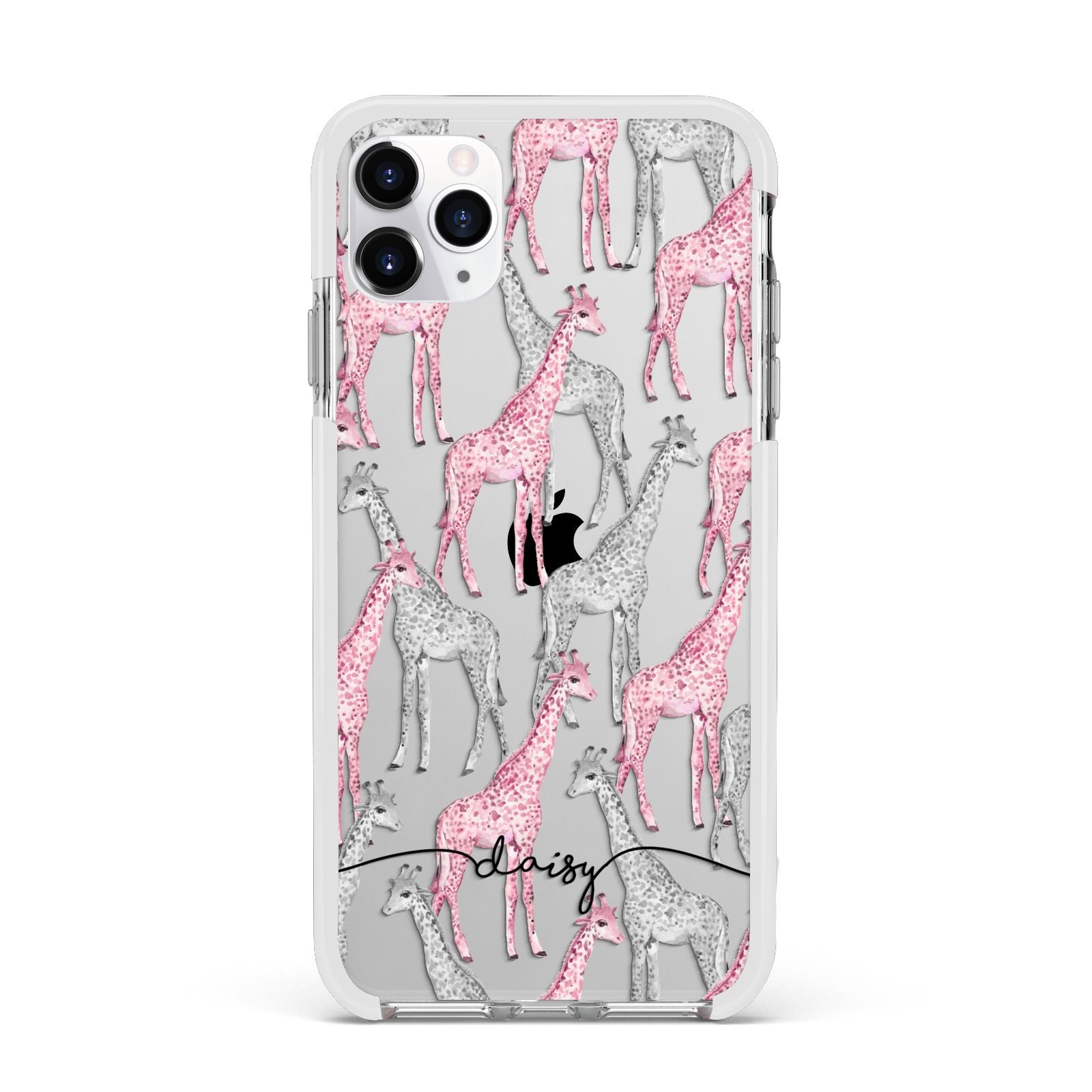 Personalised Pink Grey Giraffes Apple iPhone 11 Pro Max in Silver with White Impact Case