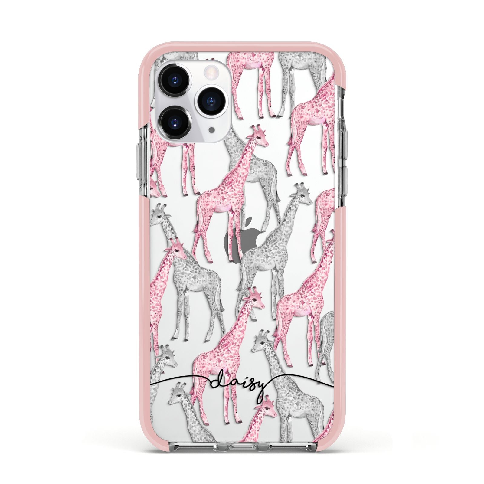 Personalised Pink Grey Giraffes Apple iPhone 11 Pro in Silver with Pink Impact Case