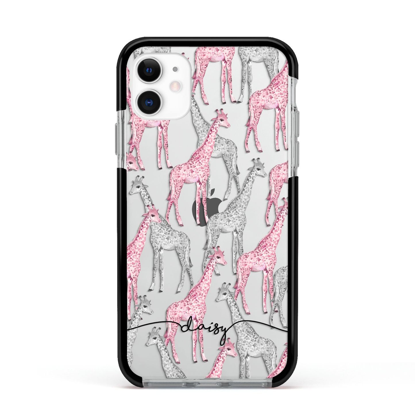 Personalised Pink Grey Giraffes Apple iPhone 11 in White with Black Impact Case