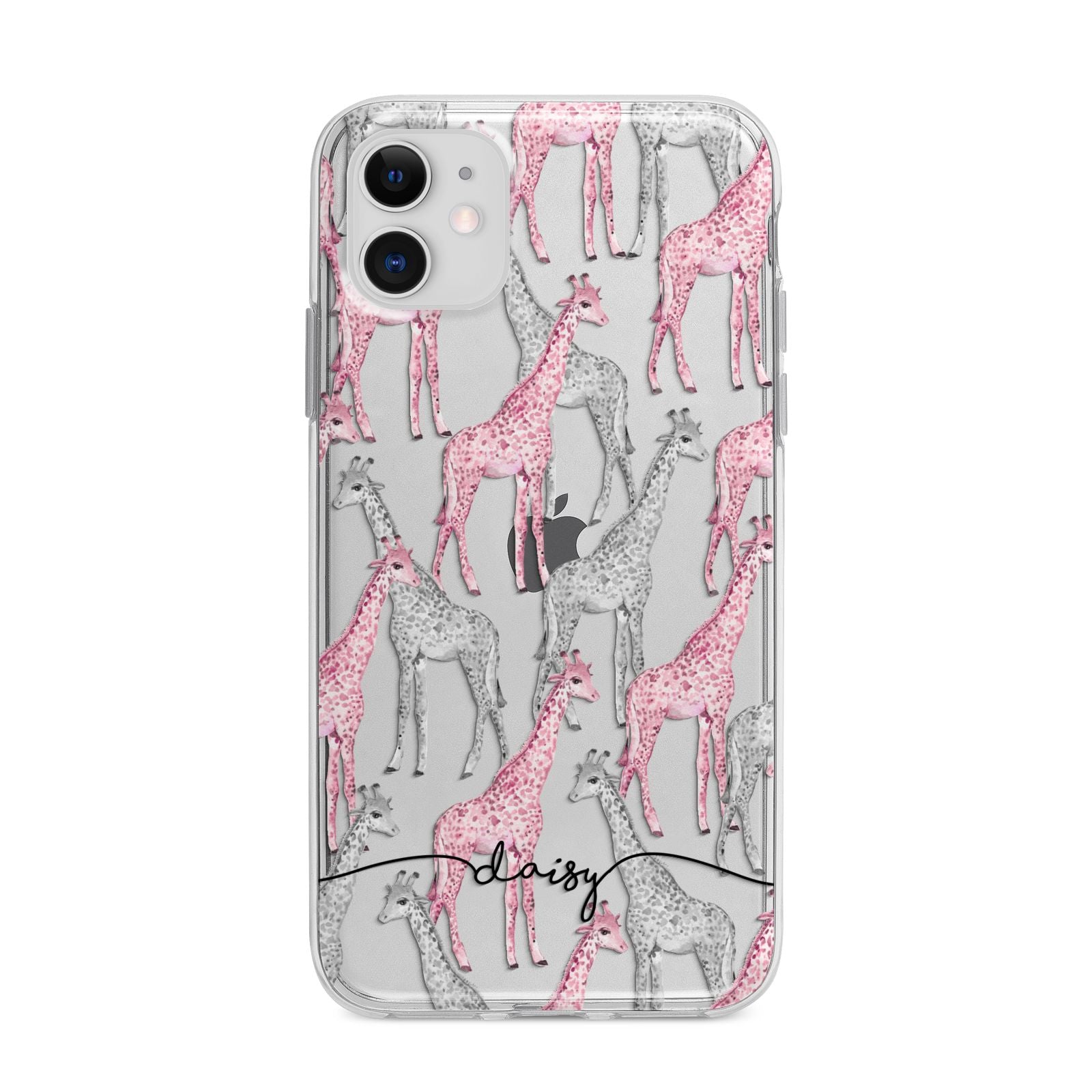 Personalised Pink Grey Giraffes Apple iPhone 11 in White with Bumper Case