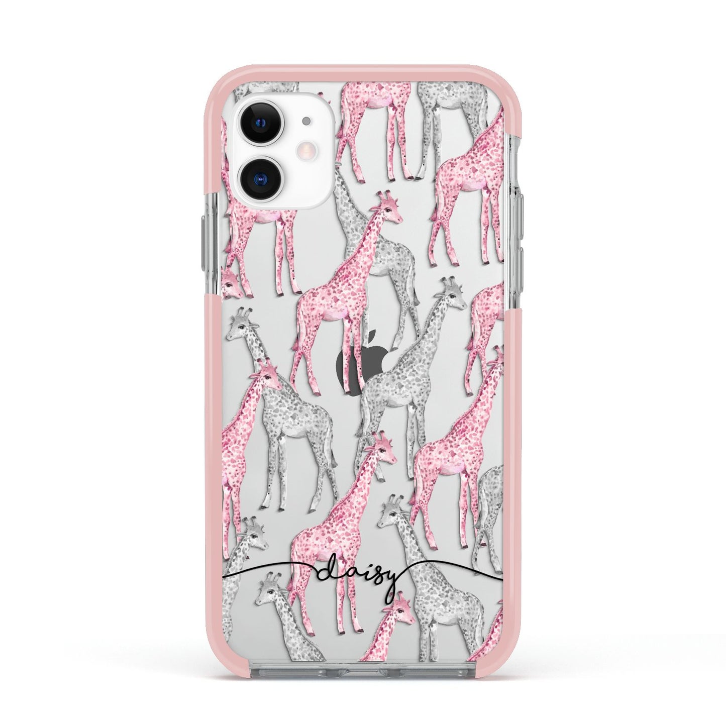Personalised Pink Grey Giraffes Apple iPhone 11 in White with Pink Impact Case