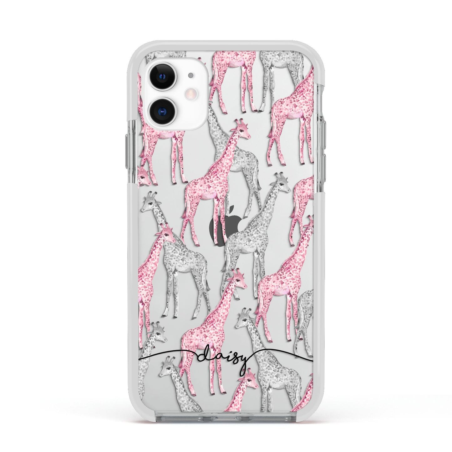 Personalised Pink Grey Giraffes Apple iPhone 11 in White with White Impact Case