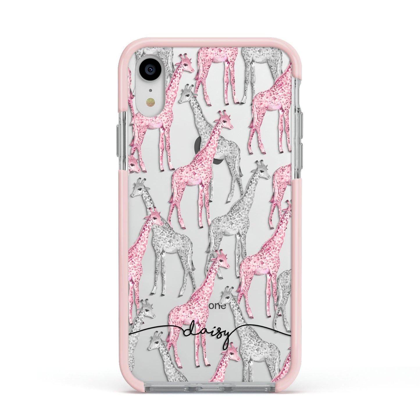 Personalised Pink Grey Giraffes Apple iPhone XR Impact Case Pink Edge on Silver Phone