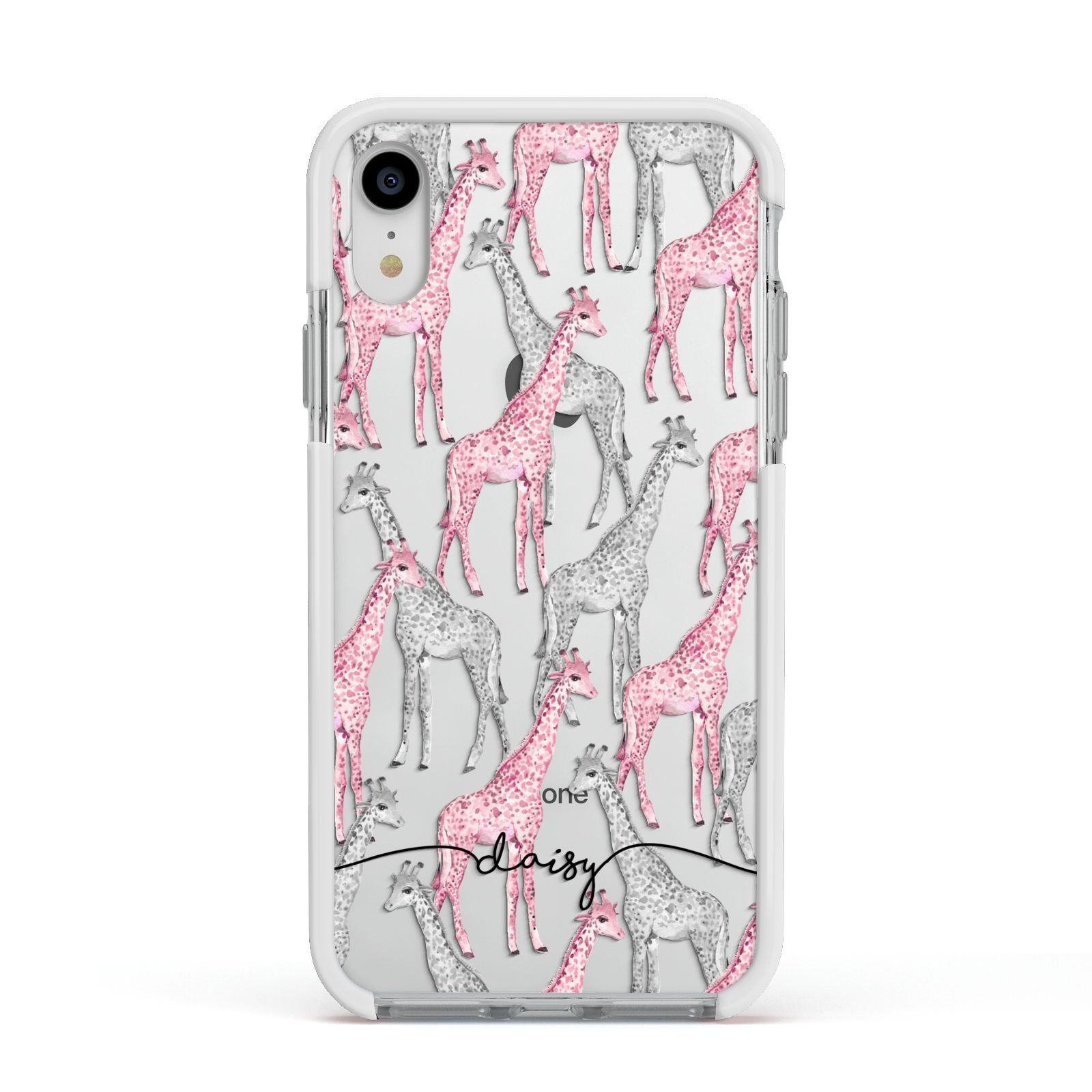 Personalised Pink Grey Giraffes Apple iPhone XR Impact Case White Edge on Silver Phone