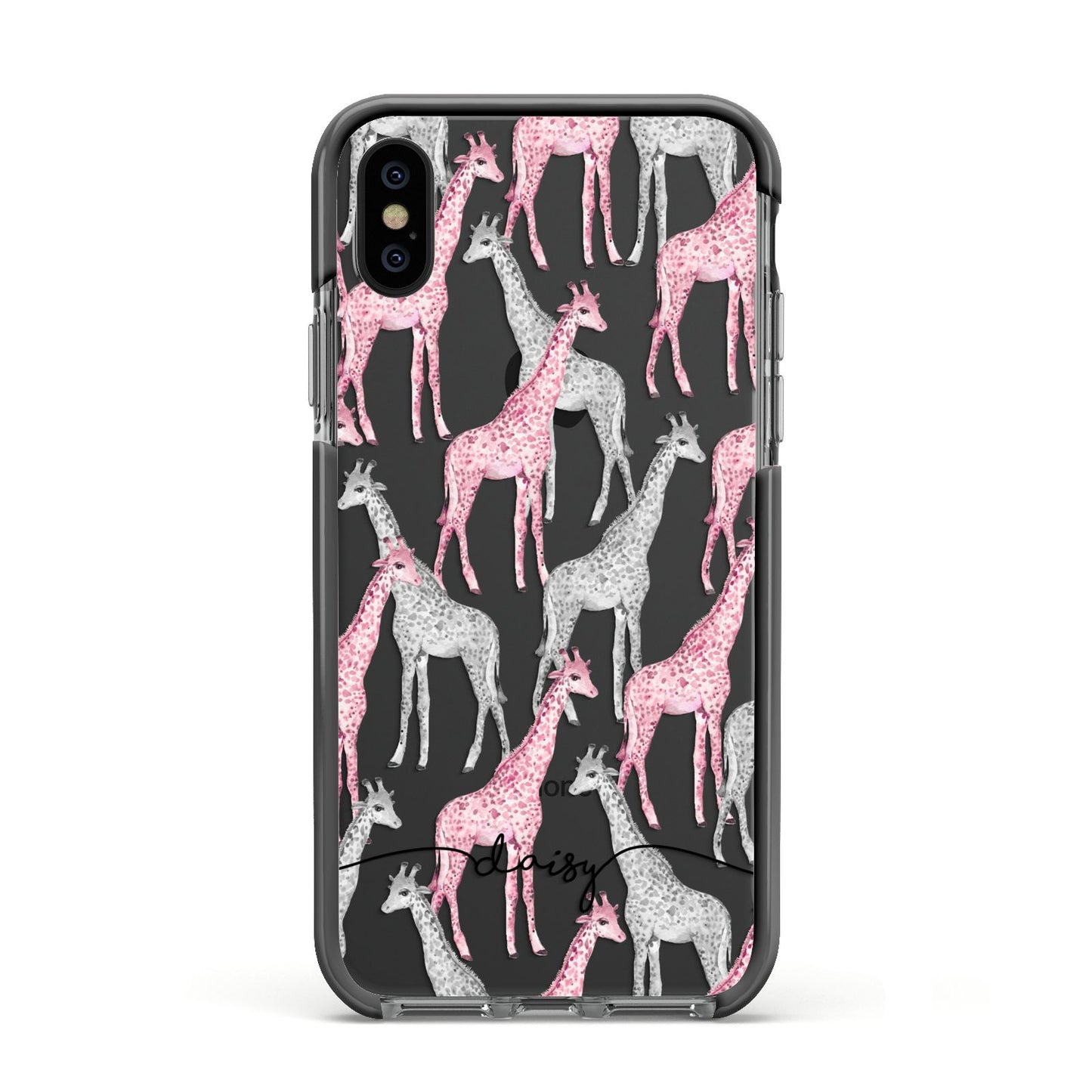 Personalised Pink Grey Giraffes Apple iPhone Xs Impact Case Black Edge on Black Phone